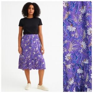 J. Jill Purple Floral Tiered Midi Skirt L Boho Cottagecore Elastic Waist Cotton